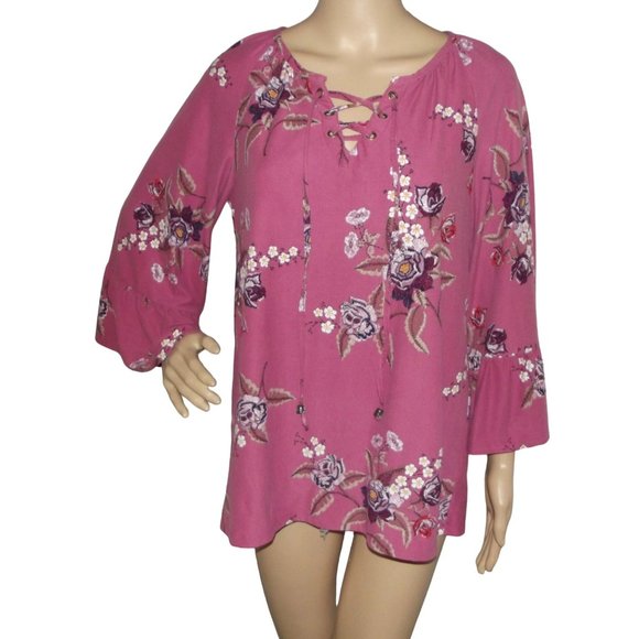 Lee Blouse Size Medium Pink Floral Print V-Neck top shirt boho peasant lace-up - Picture 1 of 11